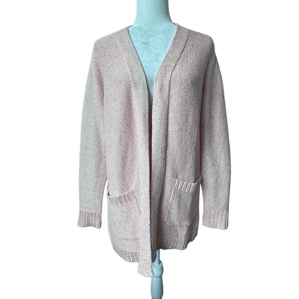 Isaac Mizrahi Live Pink Open Front Cardigan Metallic Pockets Sweater QVC M NEW